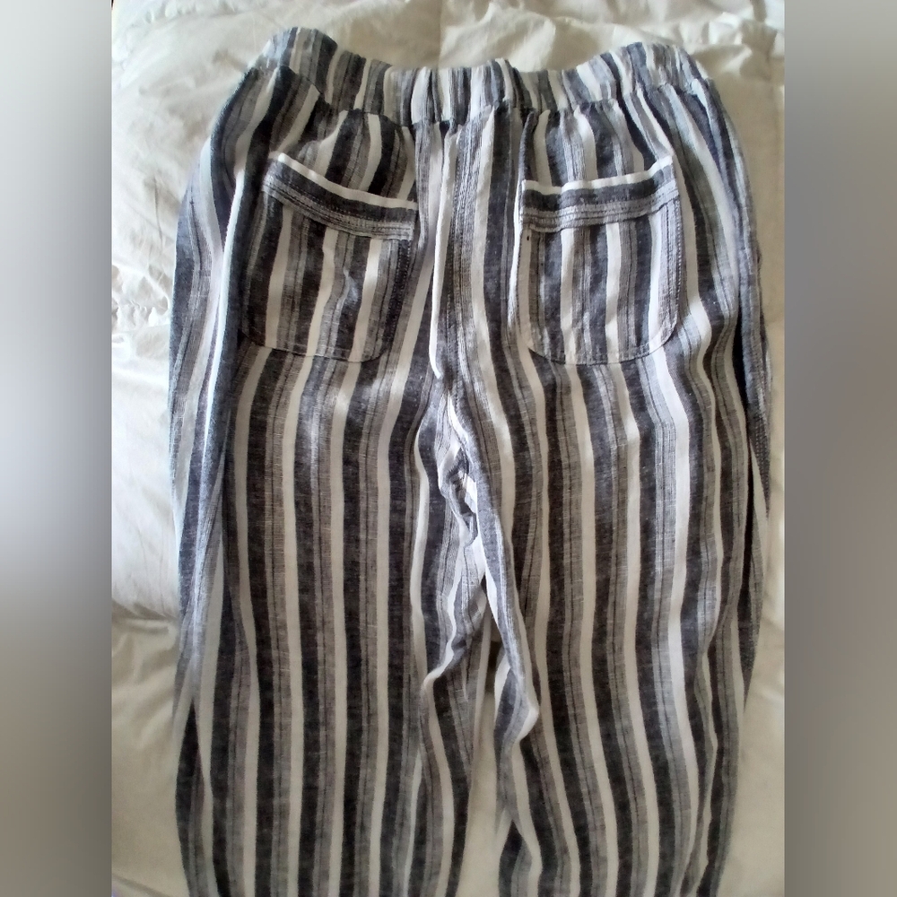 New. Linen/ Viscose Navy/white Striped Wide Straight Leg, Gather Elastic Waist - Picture 6 of 9